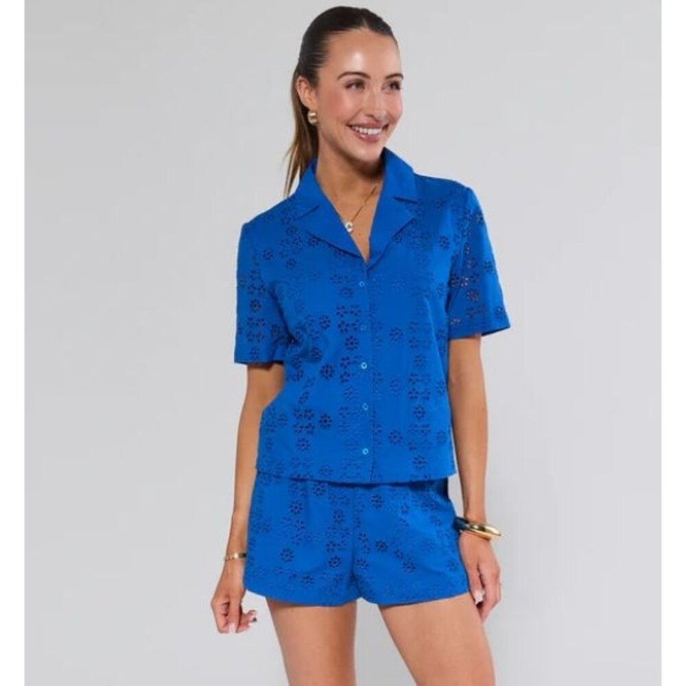Avara GREER Blue Eyelet Short Set Shorts & Button Up Top Size Medium NEW w/TAG